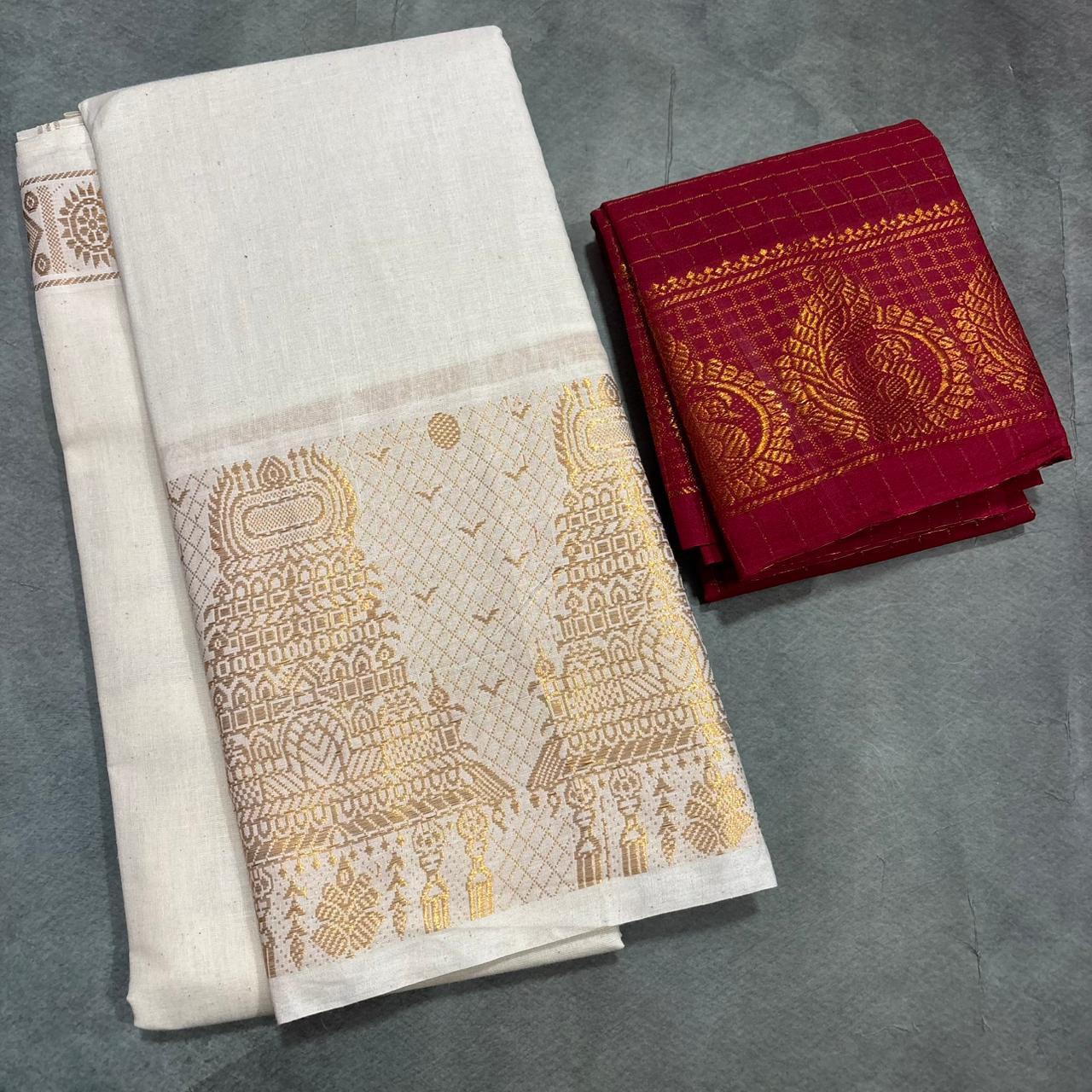 Kerala-inspired Sungudi Cotton Saree-Temple border-Red blouse